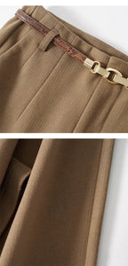 Camel high-waisted wide-leg wool-blend trousers with front pleats and belt hardware
