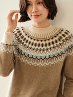 Close-up of camel-brown Fair Isle mock neck sweater with blue and black motif