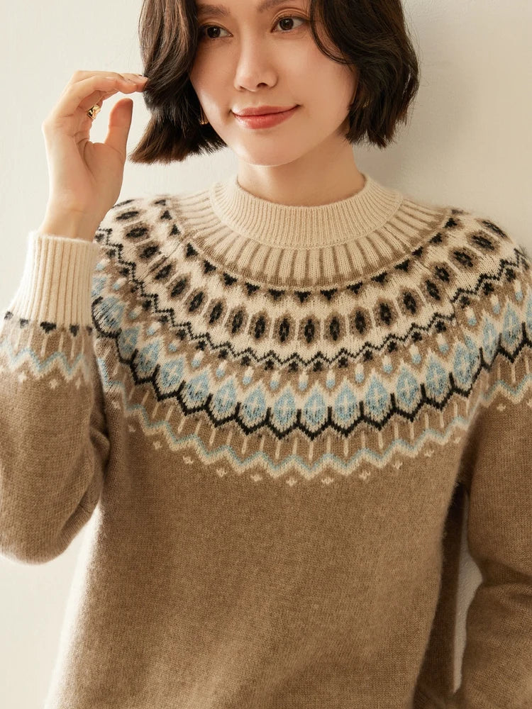 Close-up of camel-brown Fair Isle mock neck sweater with blue and black motif
