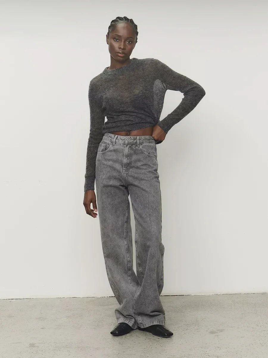 Dark gray lightweight crewneck knit sweater with long sleeves and ribbed hem