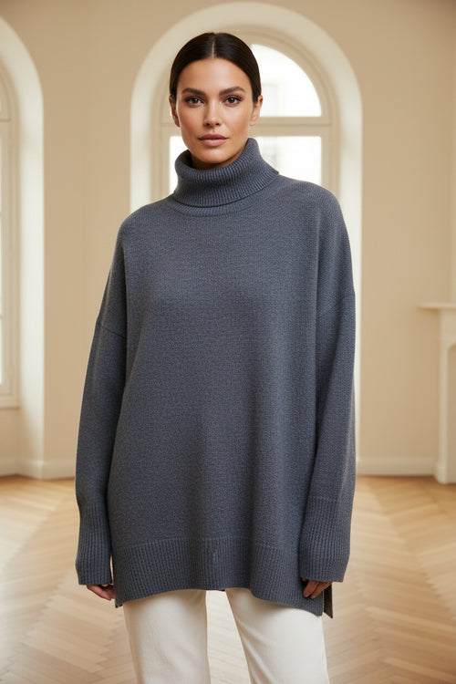 Dark blue oversized merino-wool blend turtleneck sweater, ribbed cuffs and hem