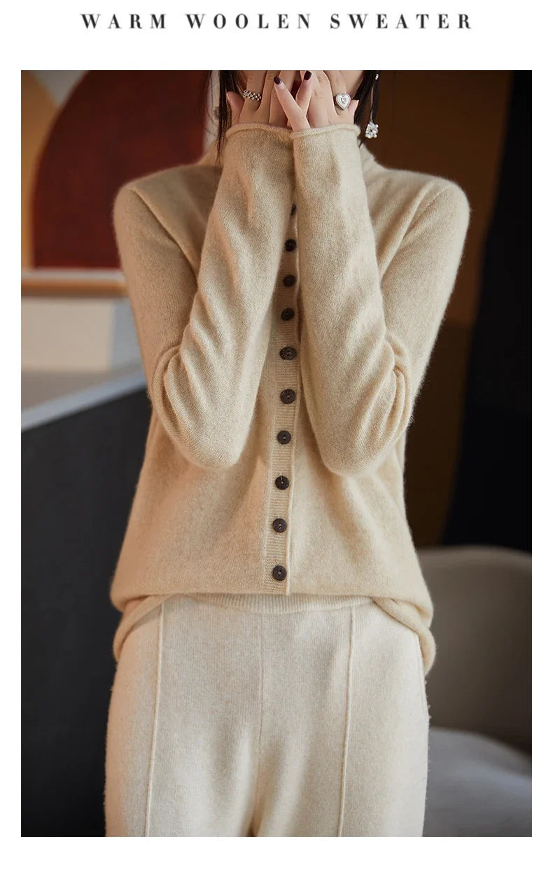 Women's merino wool button cardigan, light beige fuzzy knit, long sleeves, button front
