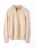 Beige half-zip mock neck knit sweater with zip placket and ribbed collar, cuffs, and hem