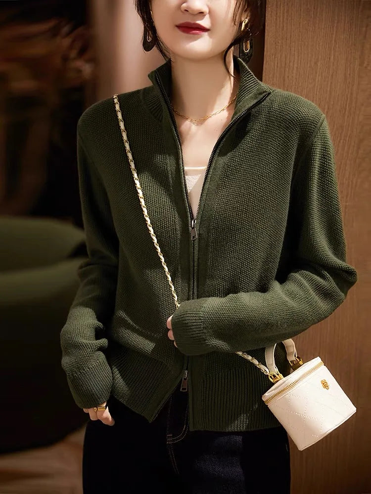 Dark green merino wool blend zip-up cardigan with full-length front zipper