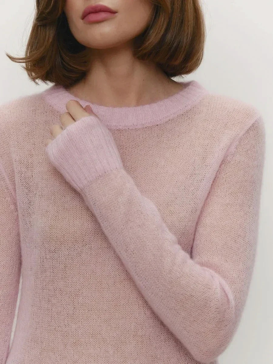 Light pink crewneck knit sweater, textured knit and ribbed crew neckline