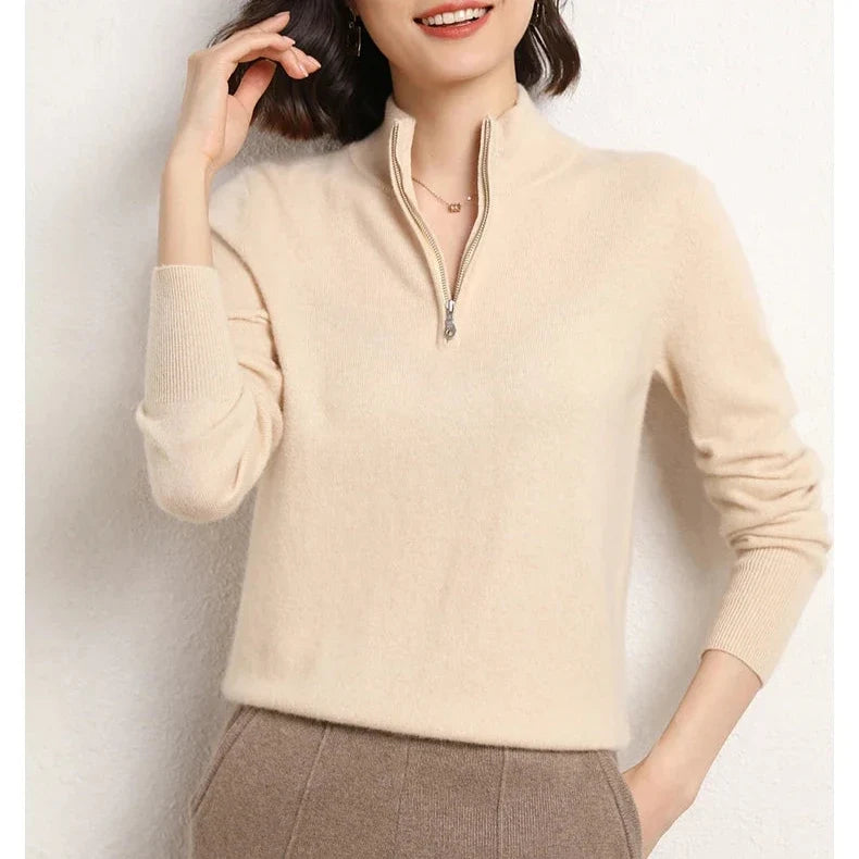 Women’s half-zip mock neck knit sweater in light cream-beige, ribbed cuffs and neckline