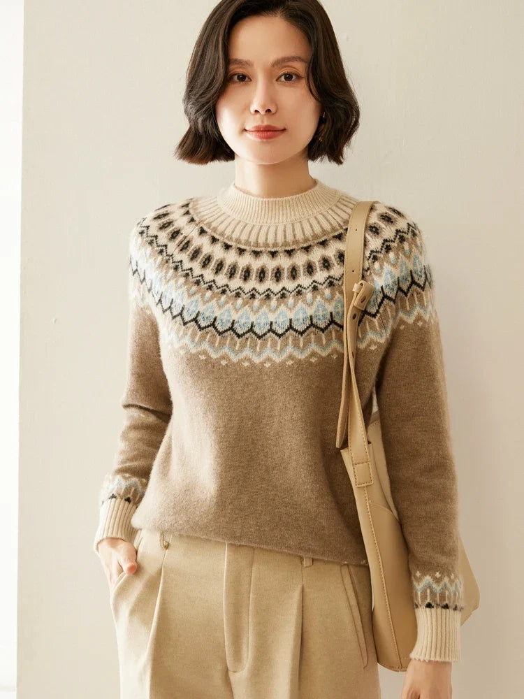 Women’s mock neck Fair Isle knit sweater, camel brown with cream and dark yoke