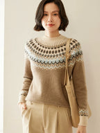 Women’s mock neck Fair Isle knit sweater, camel brown with cream and dark yoke
