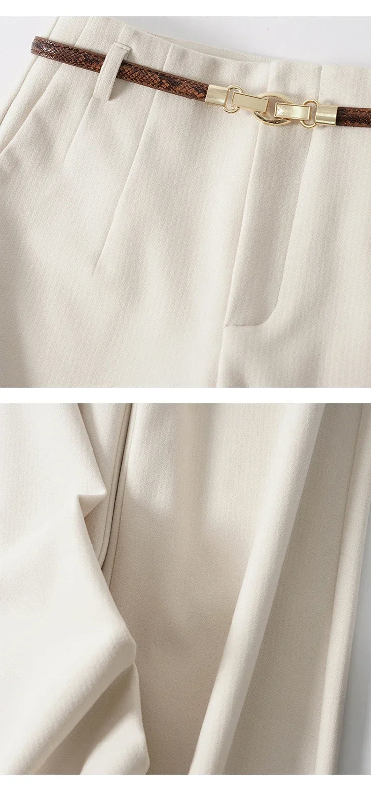 White high-waisted wide-leg trousers, close-up of waistband with belt and gold buckle