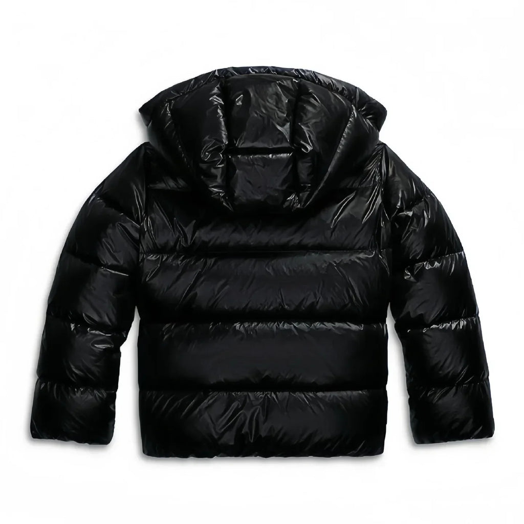 Women's black hooded puffer jacket, quilted insulation, hooded back view