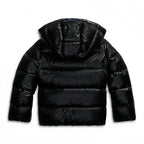 Women's black hooded puffer jacket, quilted insulation, hooded back view