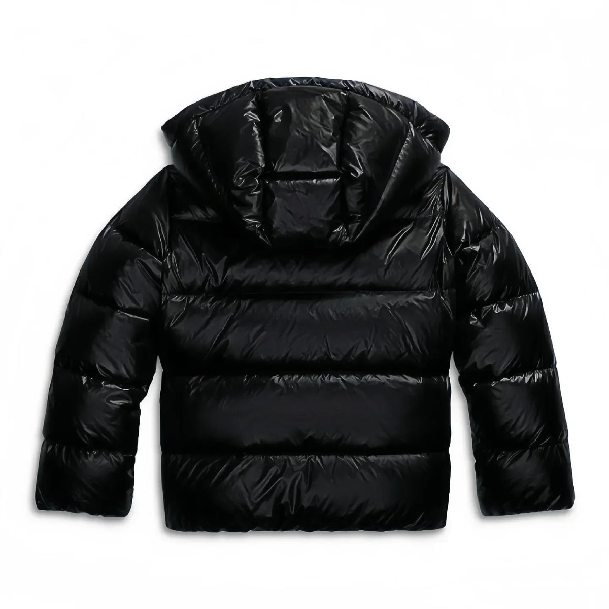 Women's black hooded puffer jacket, quilted insulation, hooded back view