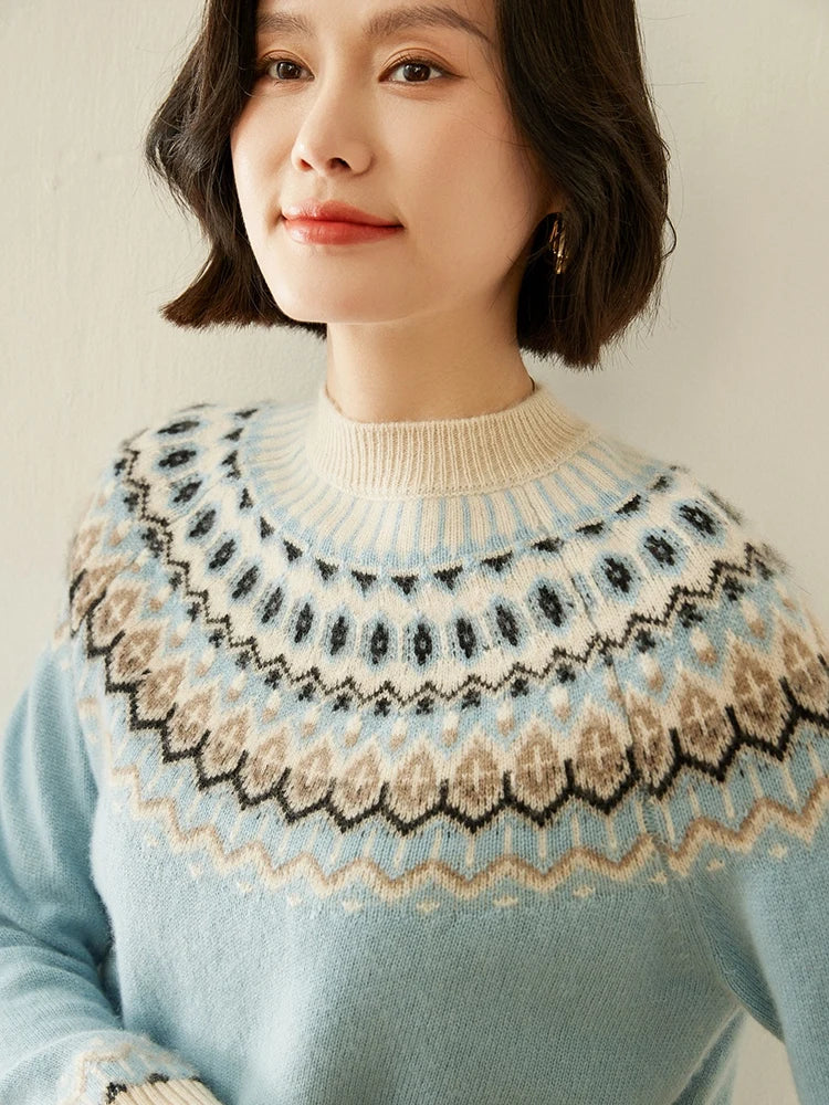 Light blue Fair Isle mock neck knit sweater with patterned yoke and ribbed collar.