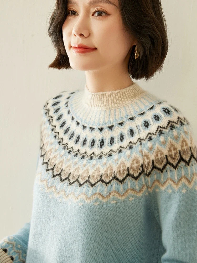 Close-up of light blue Fair Isle mock neck sweater with patterned yoke across chest.