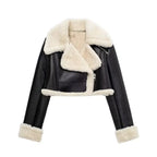 Lara cropped fleece jacket in black leather with cream sherpa lining and cuffs