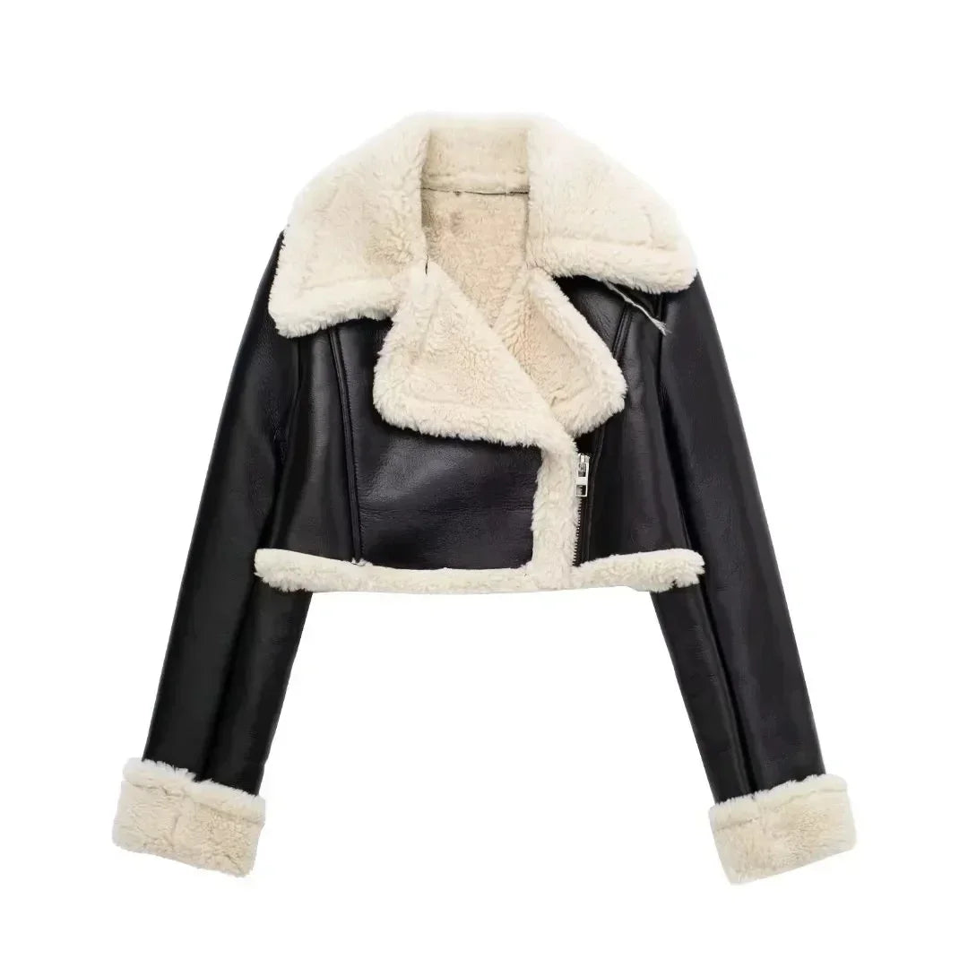 Lara cropped fleece jacket in black leather with cream sherpa lining and cuffs