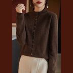Women’s merino wool button cardigan, dark brown with button front and long sleeves