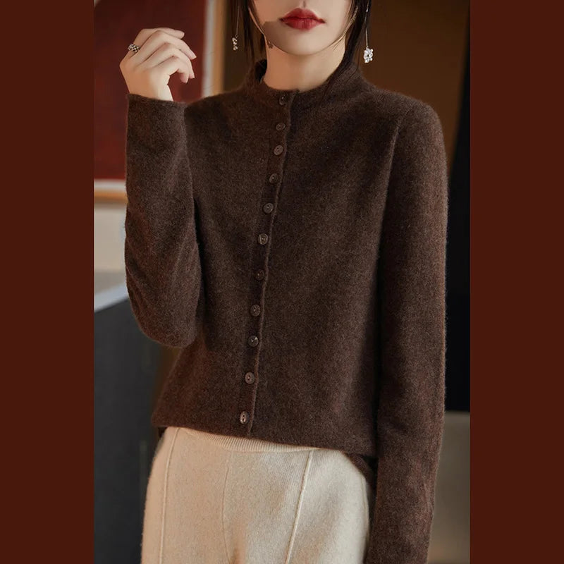 Women’s merino wool button cardigan, dark brown with button front and long sleeves