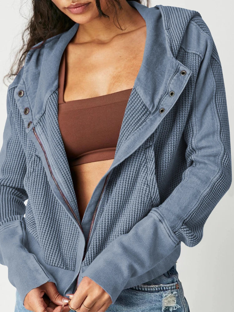 Blue waffle-knit zip hoodie with hood, snap-button placket and ribbed cuffs