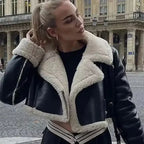 Lara cropped fleece jacket in black leather with cream sherpa hoodless collar