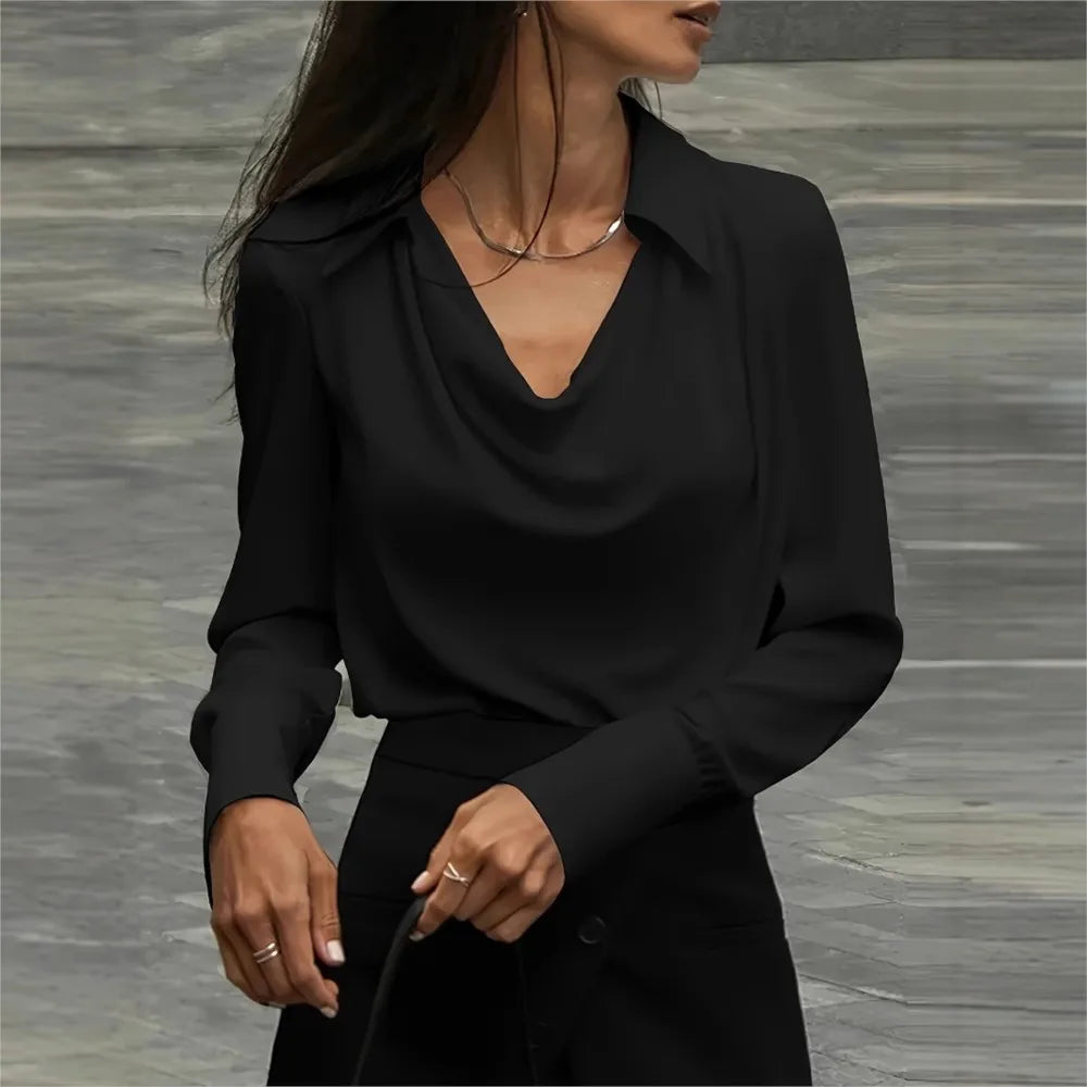 100% silk full-sleeve shirt in black with draped V cowl neckline and long sleeves, side view