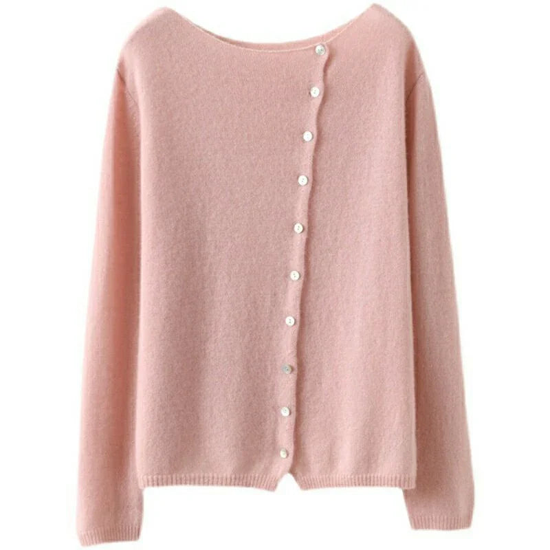 Blush pink asymmetrical button knit sweater, long sleeves, button placket