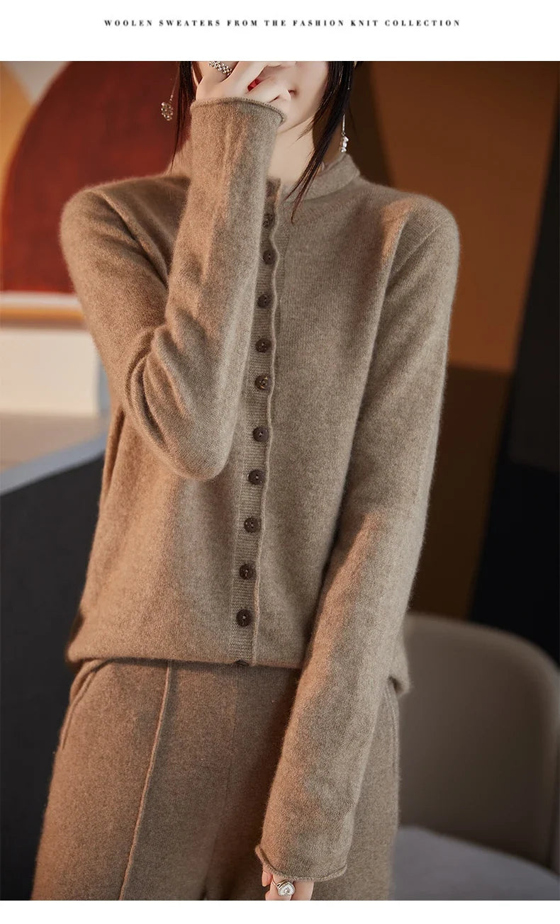 Women’s merino wool button cardigan, camel beige, button-front and high collar.