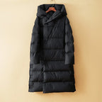 Long down puffer parka with hood, black quilted puffer coat on hanger