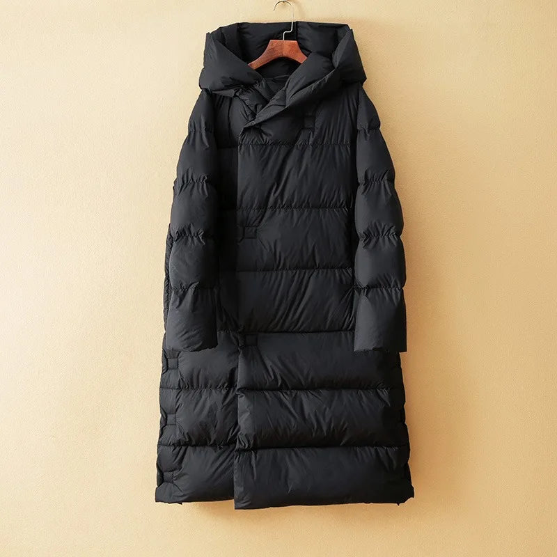 Long down puffer parka with hood, black quilted puffer coat on hanger
