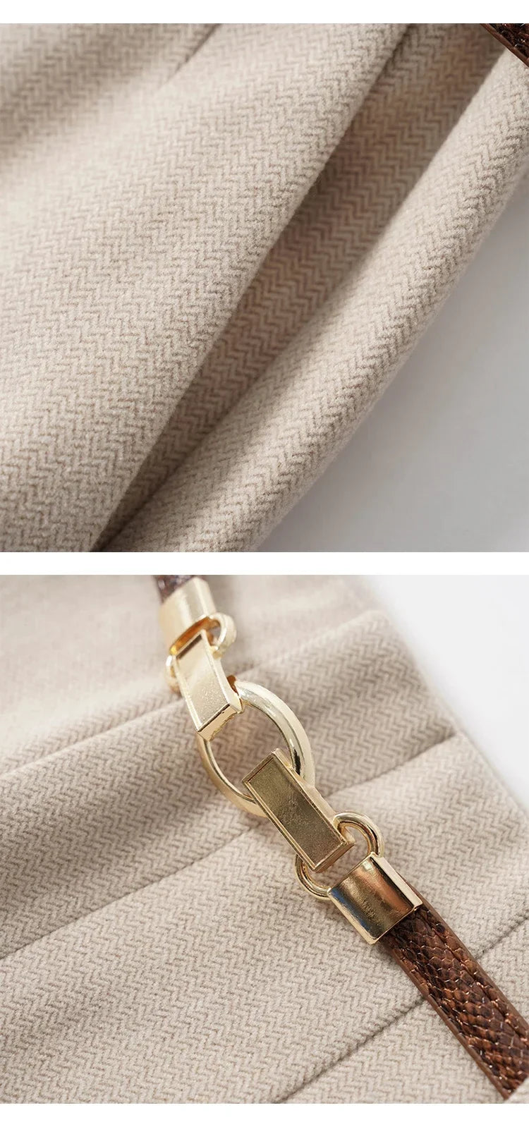 Beige herringbone wool-blend trousers with belt and gold-toned buckle hardware