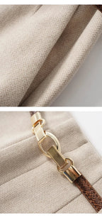 Beige herringbone wool-blend trousers with belt and gold-toned buckle hardware