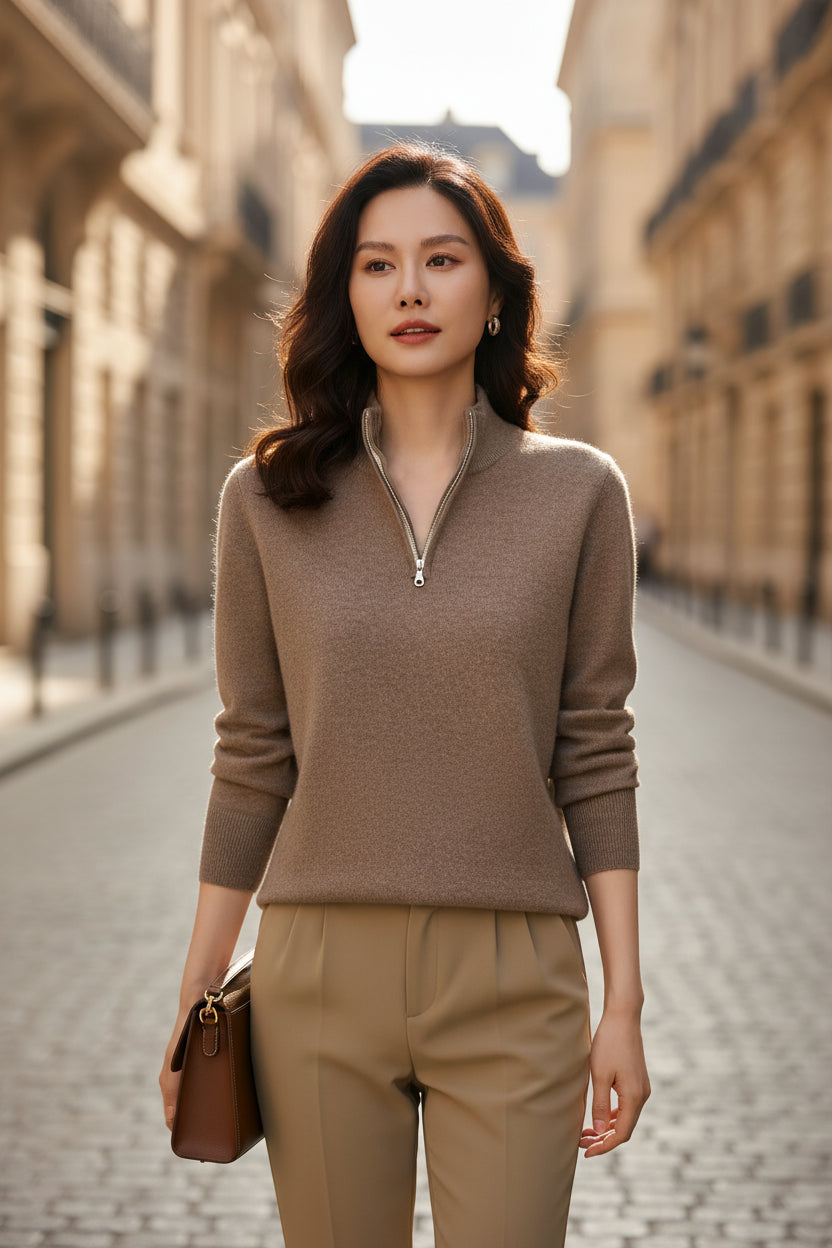 Women’s half-zip mock neck knit sweater in taupe-beige, long sleeves, ribbed hem and cuffs