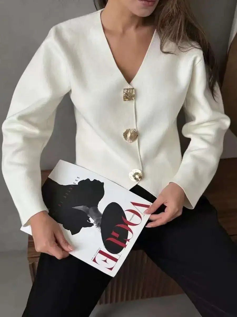 Women’s boxy V-neck cardigan sweater in white with gold-tone button front