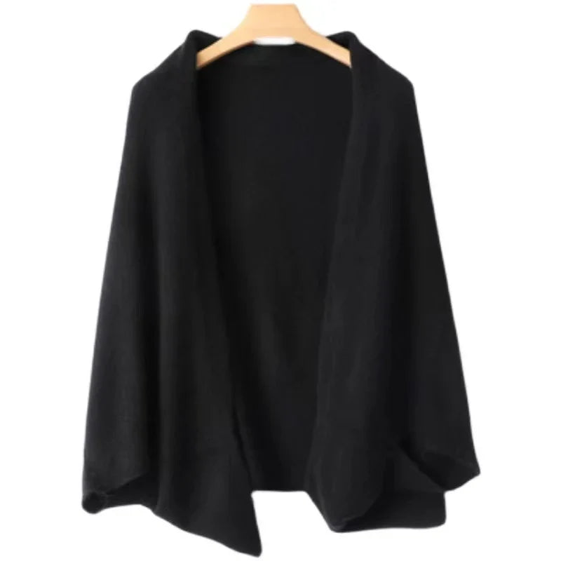 Wool-cashmere blend shawl wrap, dark charcoal tone, folded open front on hanger