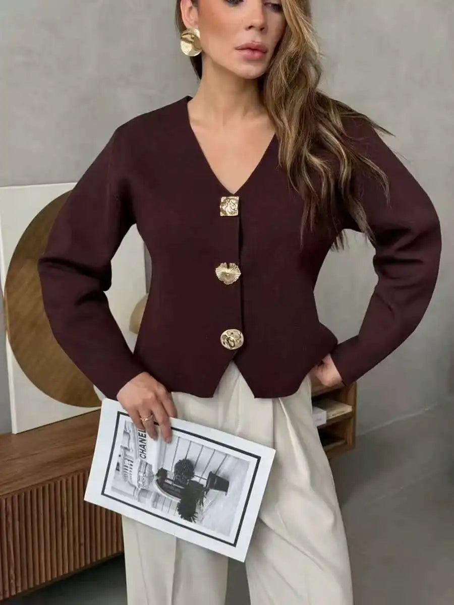 Women’s boxy V-neck cardigan sweater in burgundy with gold-tone button front