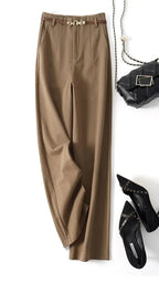 High-waisted wide-leg wool blend trousers in tan with belt detail at waistband
