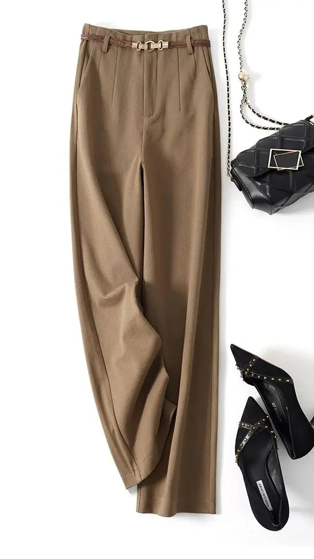 High-waisted wide-leg wool blend trousers in tan with belt detail at waistband