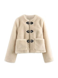 Cream teddy button jacket with three front toggle closures and fuzzy sherpa fleece