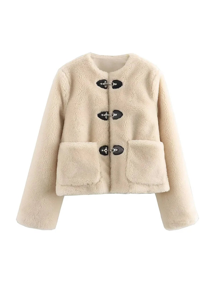 Cream teddy button jacket with three front toggle closures and fuzzy sherpa fleece