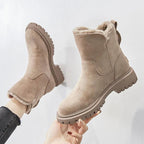 Beige suede winter ankle boots with plush faux-fur cuff and side zipper, thick tread