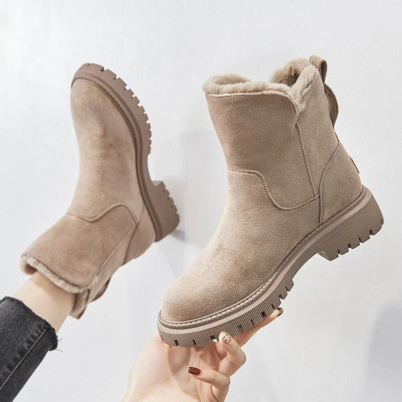 Beige suede winter ankle boots with plush faux-fur cuff and side zipper, thick tread