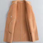 Womens tan coat with front button closure, flap pockets, and structured lapels