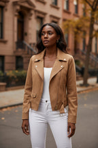 Women’s suede biker jacket in camel brown, zip-up front with metal zippers and snap shoulders