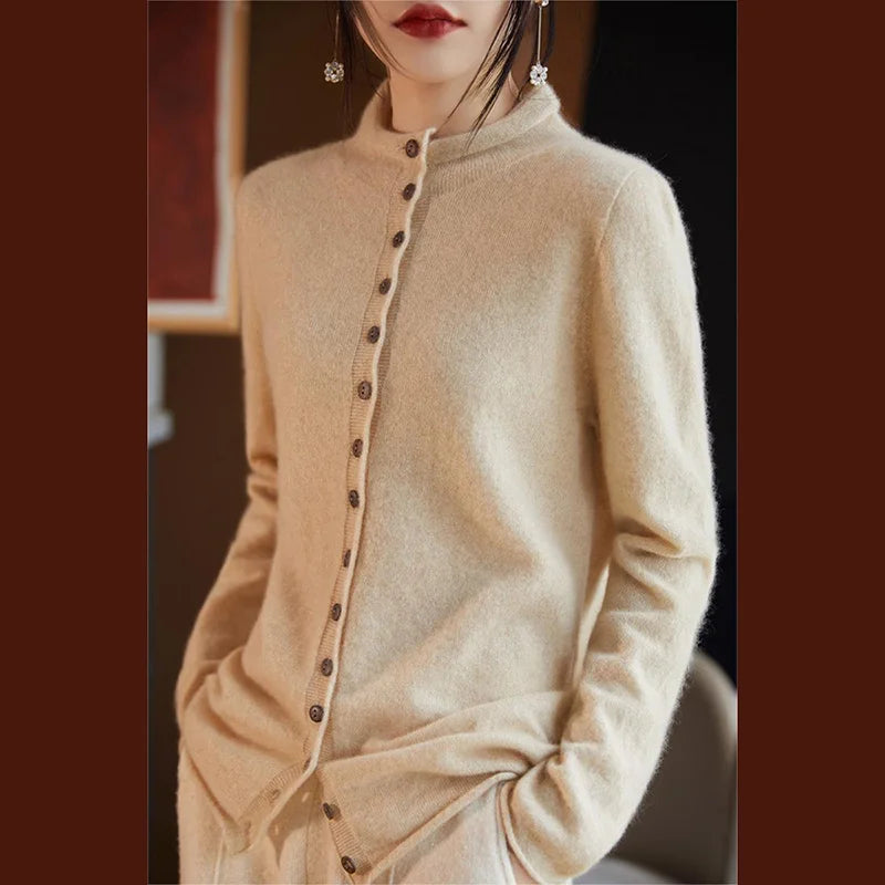 Women’s merino wool button cardigan, cream with button front and long sleeves