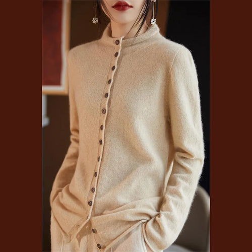 Women’s merino wool button cardigan, cream with button front and long sleeves