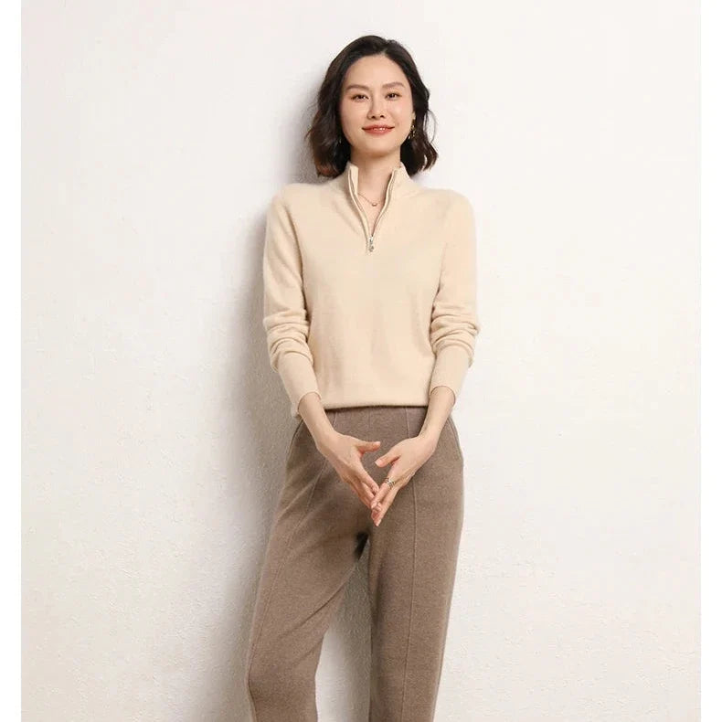 Women’s half-zip mock neck knit sweater in pale beige, long sleeves and ribbed trim