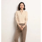 Women’s half-zip mock neck knit sweater in pale beige, long sleeves and ribbed trim