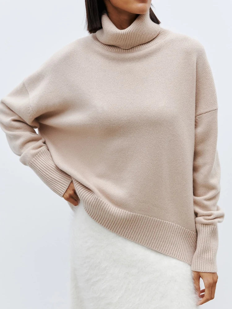 Beige oversized merino-wool blend turtleneck sweater, ribbed hem and cuffs
