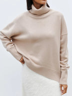 Beige oversized merino-wool blend turtleneck sweater, ribbed hem and cuffs