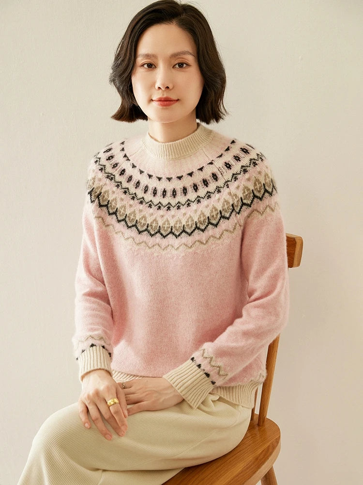 Pink fair isle mock neck knit sweater with long sleeves and ribbed hem
